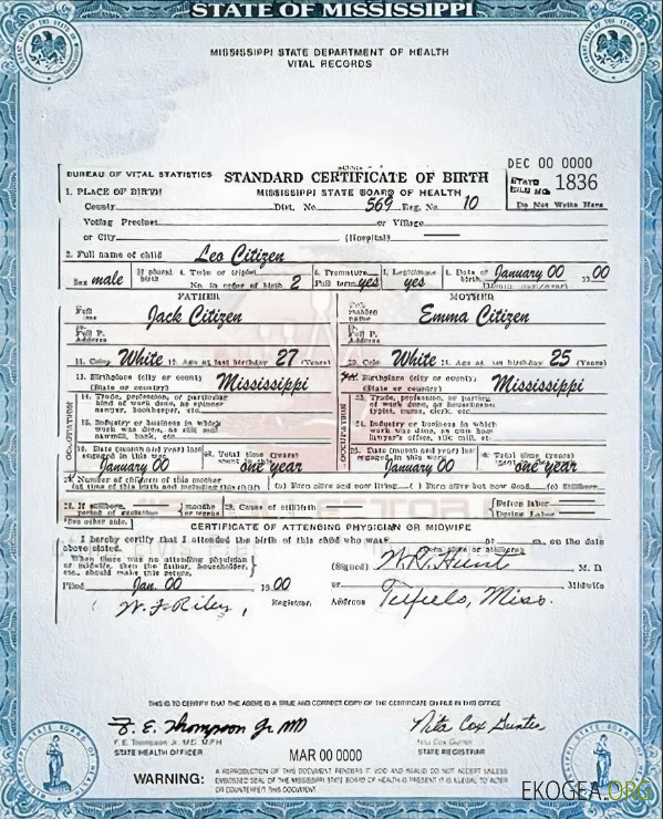 Modèle de certificat de naissance de l'État du Mississippi aux États Unis au format PSD